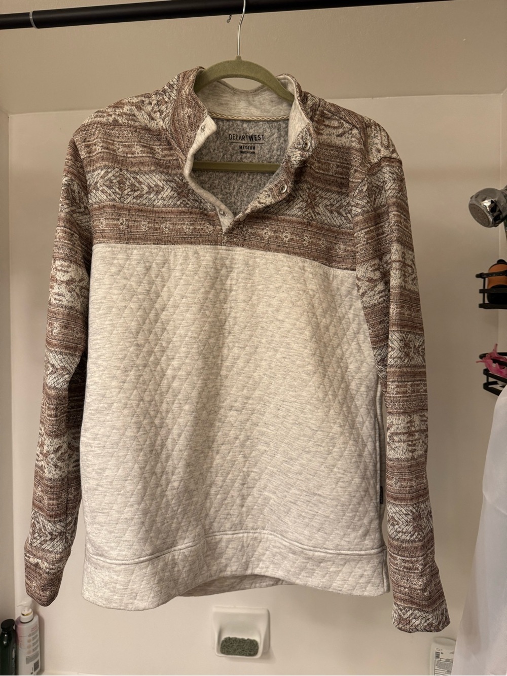 Men's Cream & Brown Quilted Knit Snap-Neck Pullover Sweater
